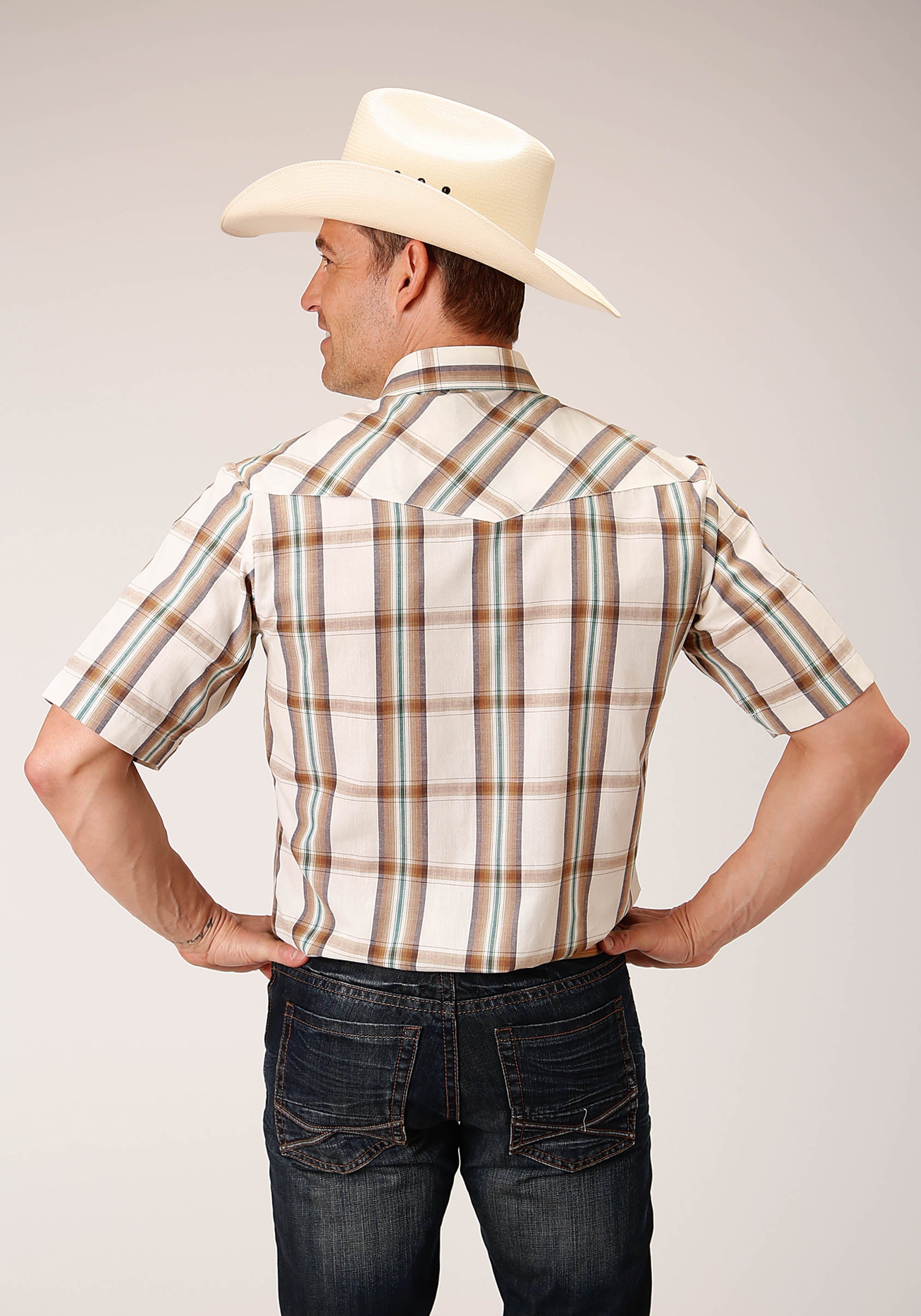 Roper Mens Short Sleeve Snap Cream Brown Green Lg Scale Plaid Western Shirt - Flyclothing LLC