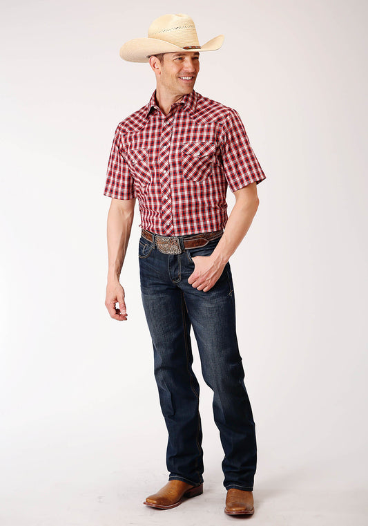 Roper Mens Short Sleeve Snap Red Navy Cream Small Scale Plaid Western Shirt - Flyclothing LLC