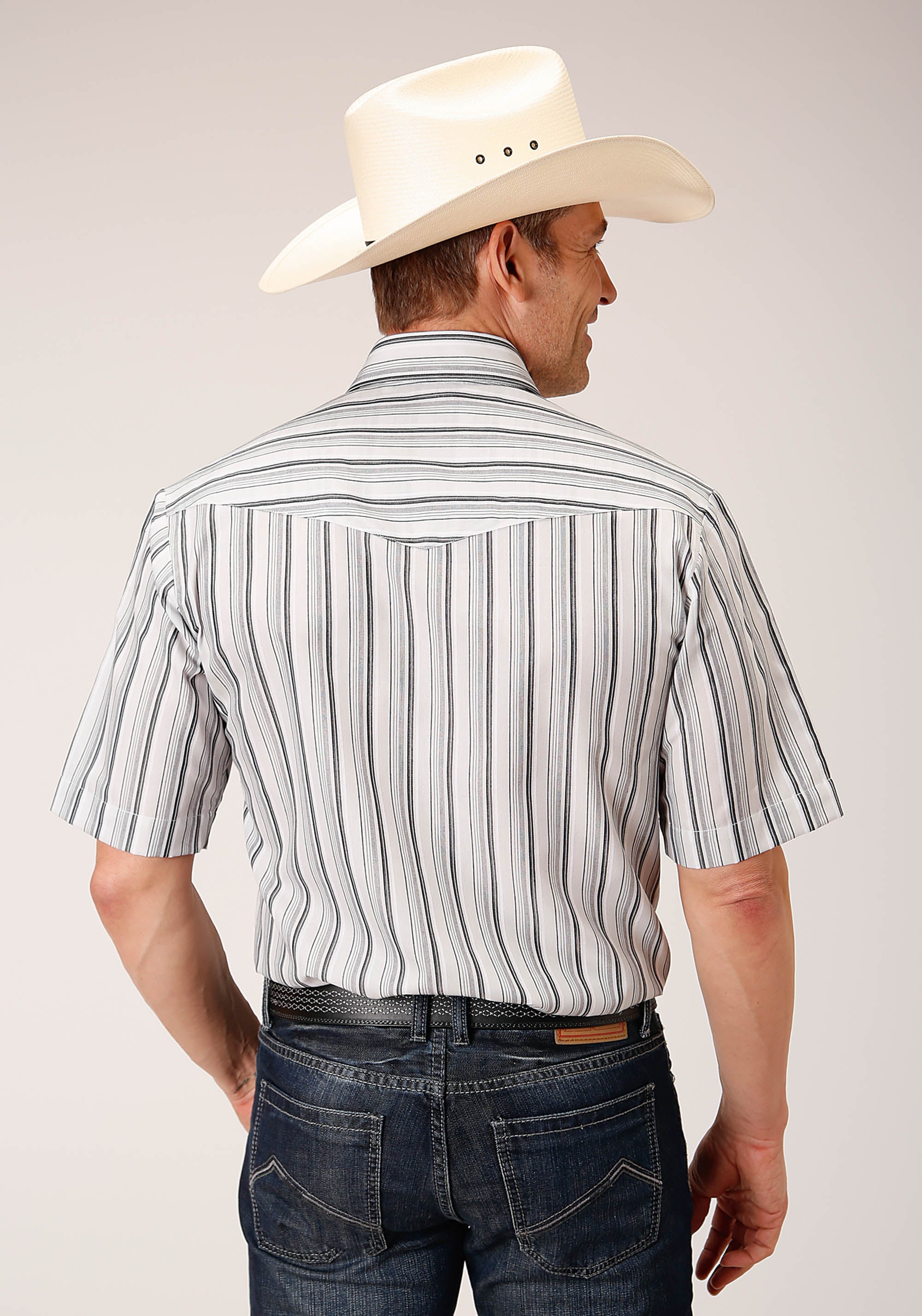 Roper Mens Short Sleeve Snap Ltgy Charcoal White Stripe Western Shirt - Flyclothing LLC