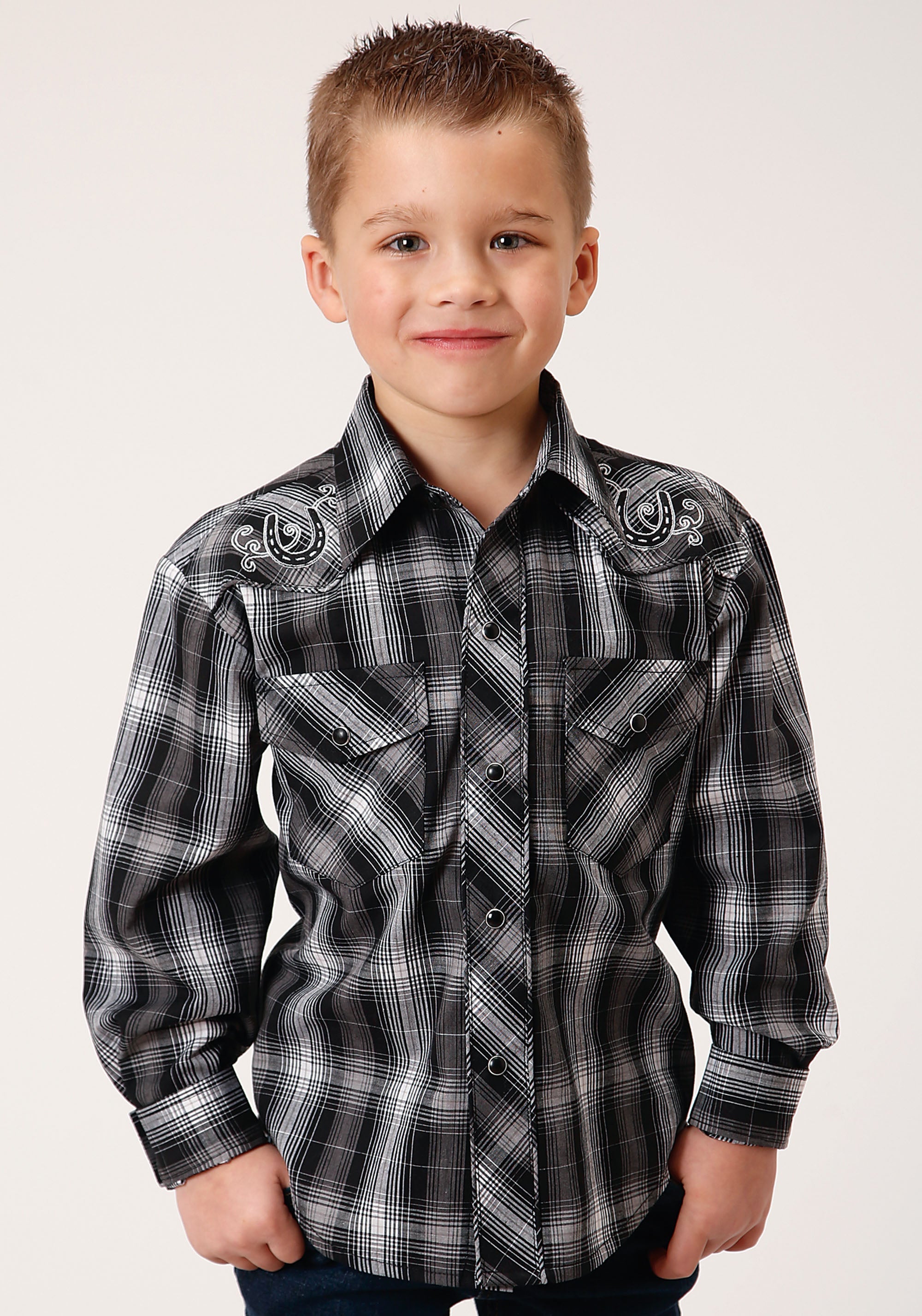 Roper Boys Long Sleeve Snap Black And White Plaid Western Shirt