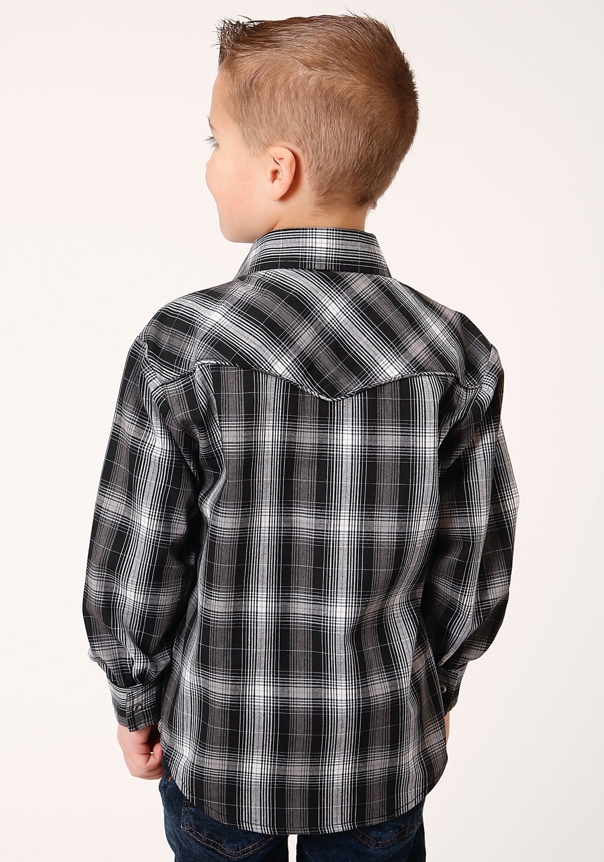 Roper Boys Long Sleeve Snap Black And White Plaid Western Shirt - Flyclothing LLC