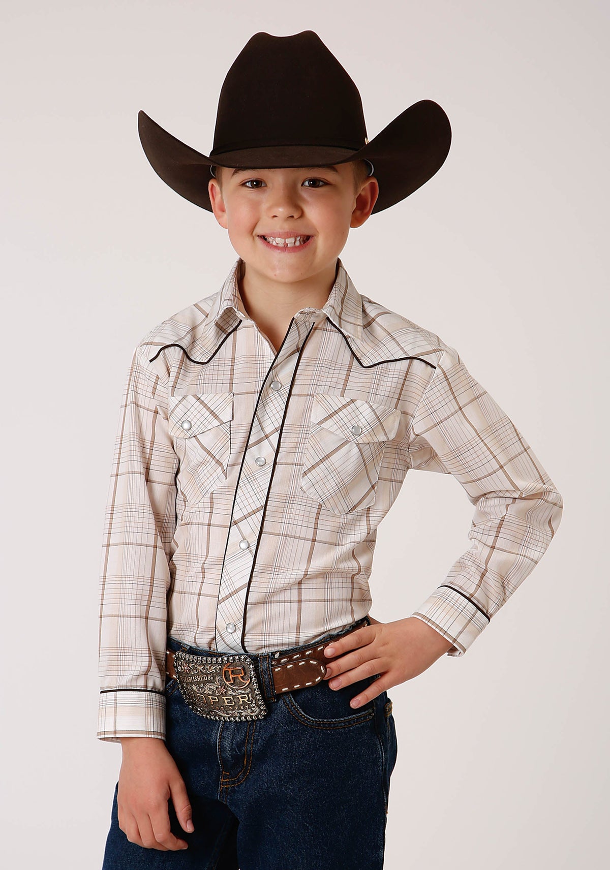 Roper BOYS LONG SLEEVE SNAP TAN AND CREAM WINDOWPANE PLAID WESTERN SHIRT