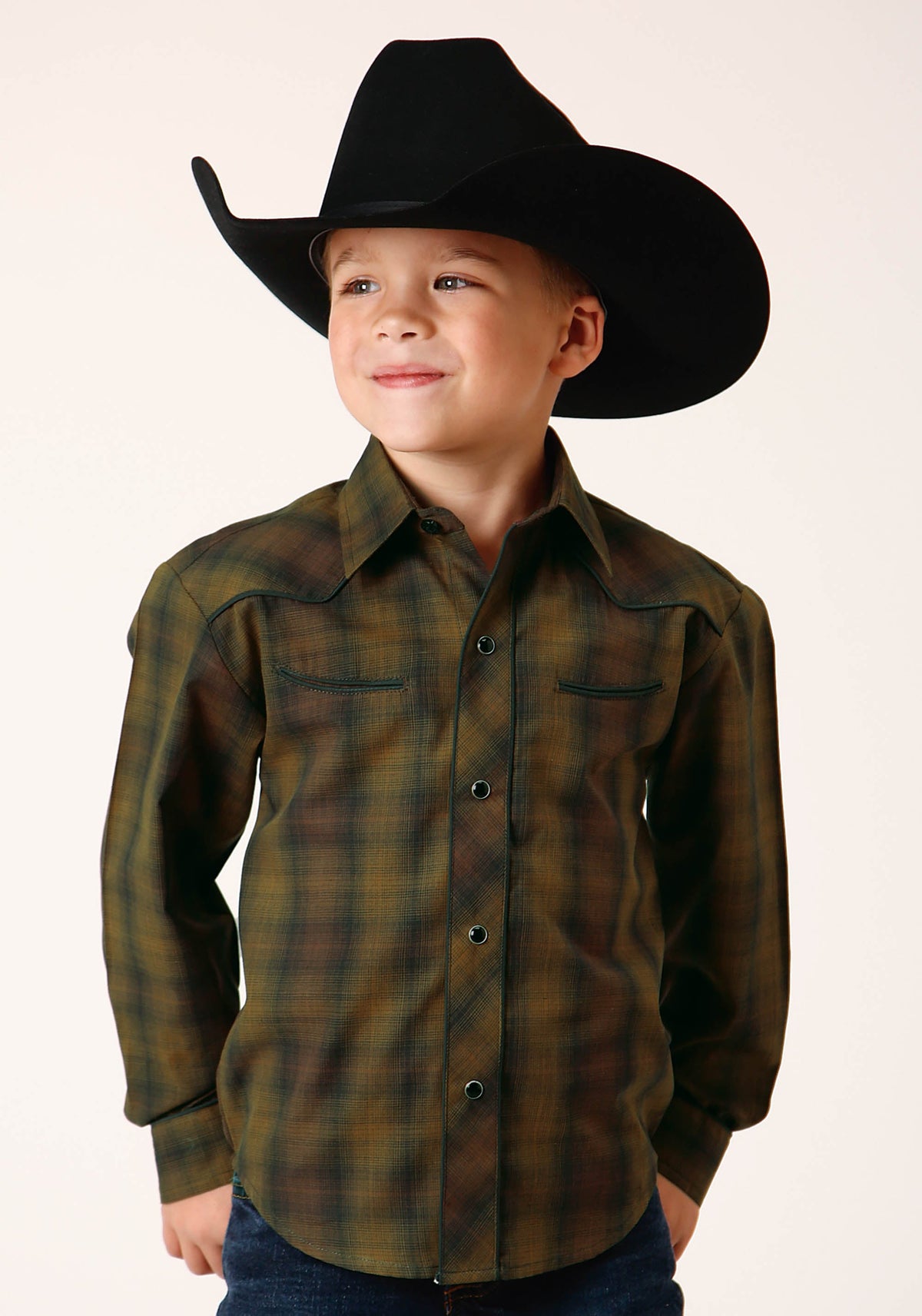 Roper Boys Long Sleeve Snap Black Gold Plaid Western Shirt