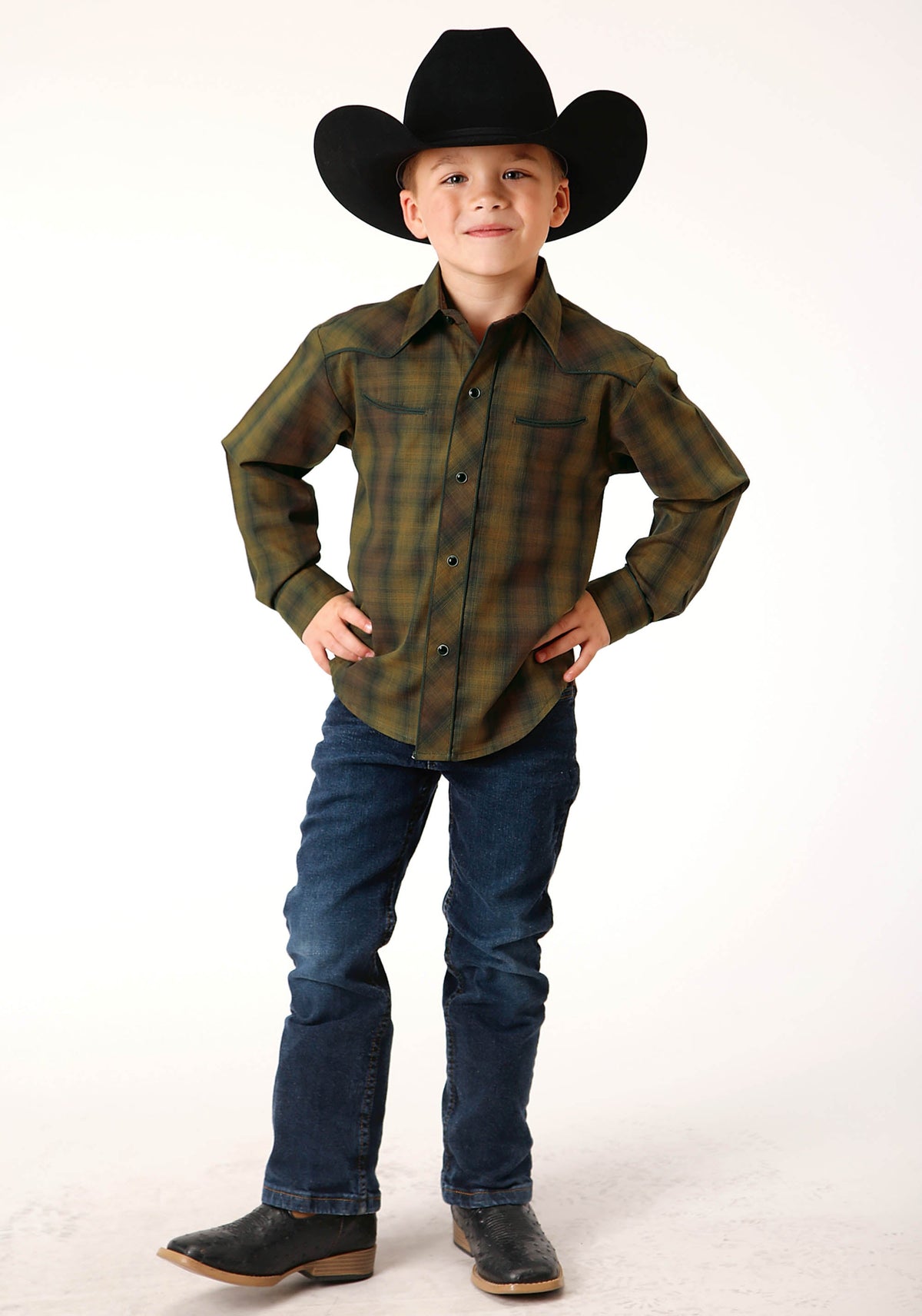 Roper Boys Long Sleeve Snap Black Gold Plaid Western Shirt - Flyclothing LLC