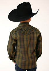 Roper Boys Long Sleeve Snap Black Gold Plaid Western Shirt - Flyclothing LLC