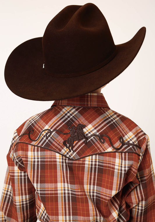 Roper Boys Long Sleeve Snap Rust Brown And Cream Plaid Western Shirt