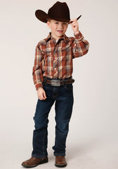 Roper Boys Long Sleeve Snap Rust Brown And Cream Plaid Western Shirt - Flyclothing LLC