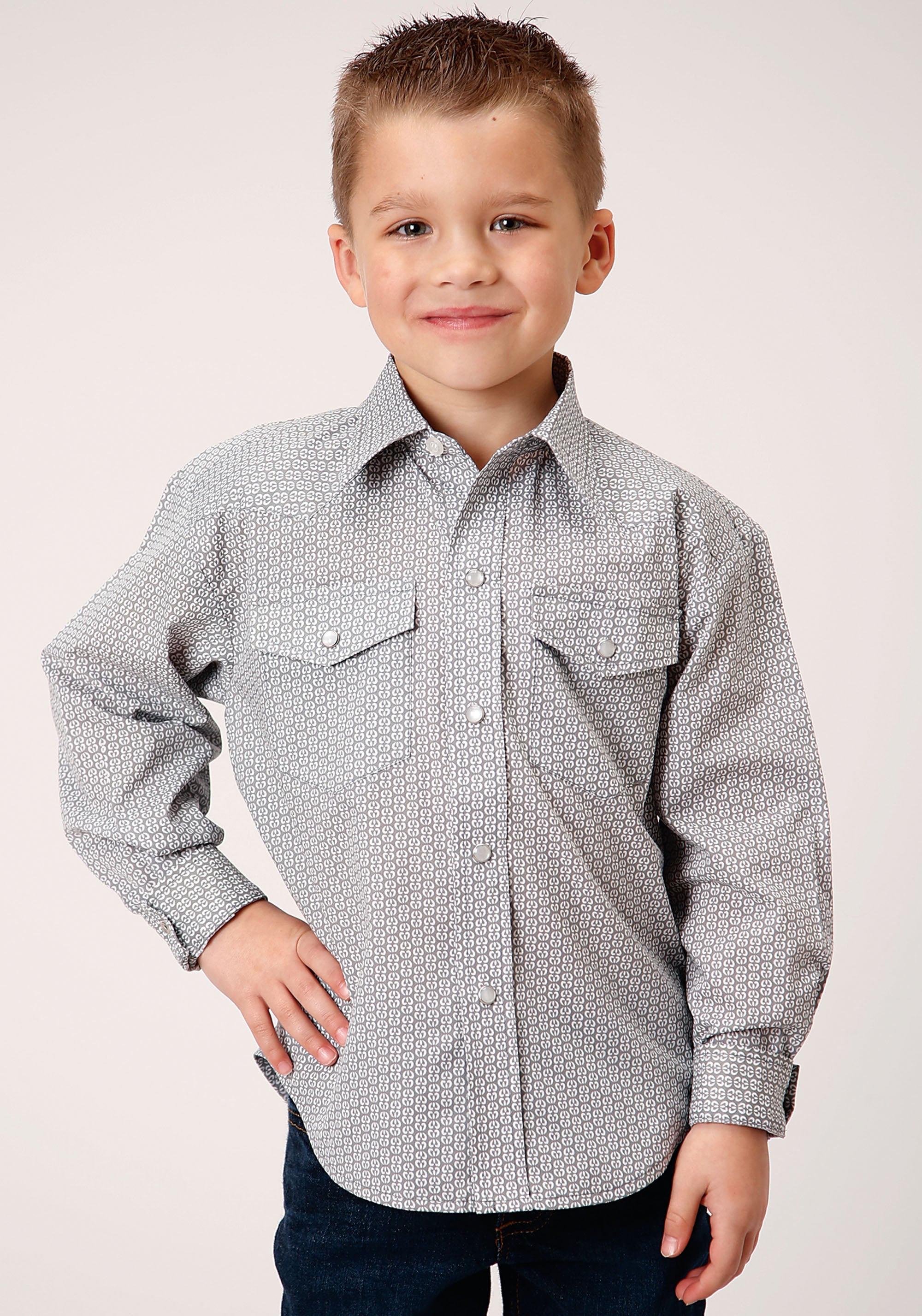 Roper Boys Long Sleeve Snap Grey And White Print Western Shirt