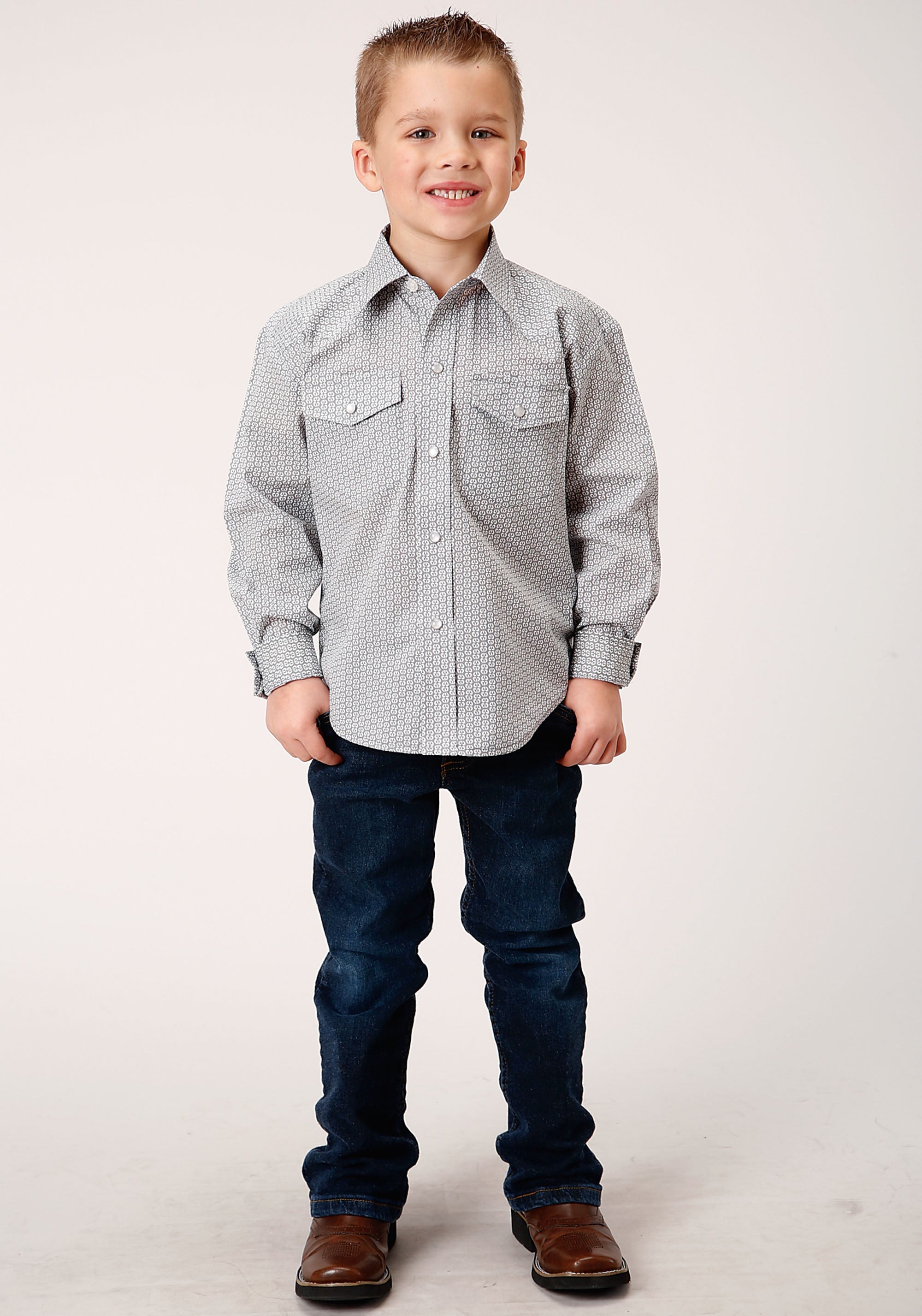 Roper Boys Long Sleeve Snap Grey And White Print Western Shirt - Flyclothing LLC