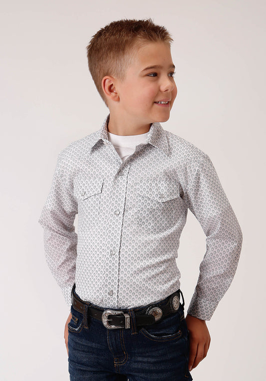 Roper Boys Long Sleeve Snap White Black Grey Teardrop Print Western Shirt