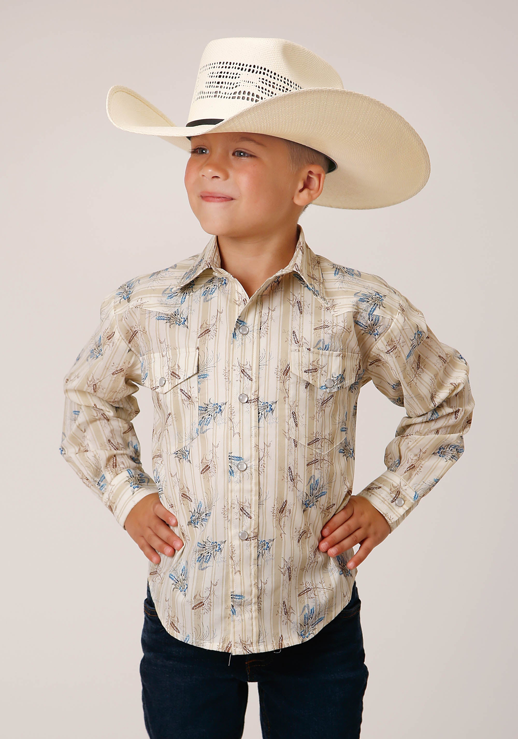 Roper Boys Long Sleeve Snap Vintage Wheat Print Western Shirt