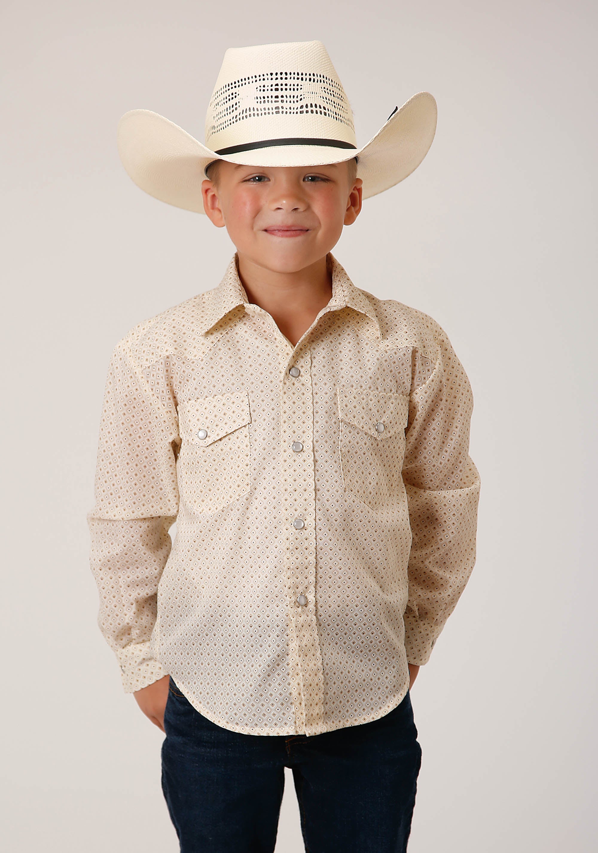 Roper Boys Long Sleeve Snap Cream Diamond Print Western Shirt