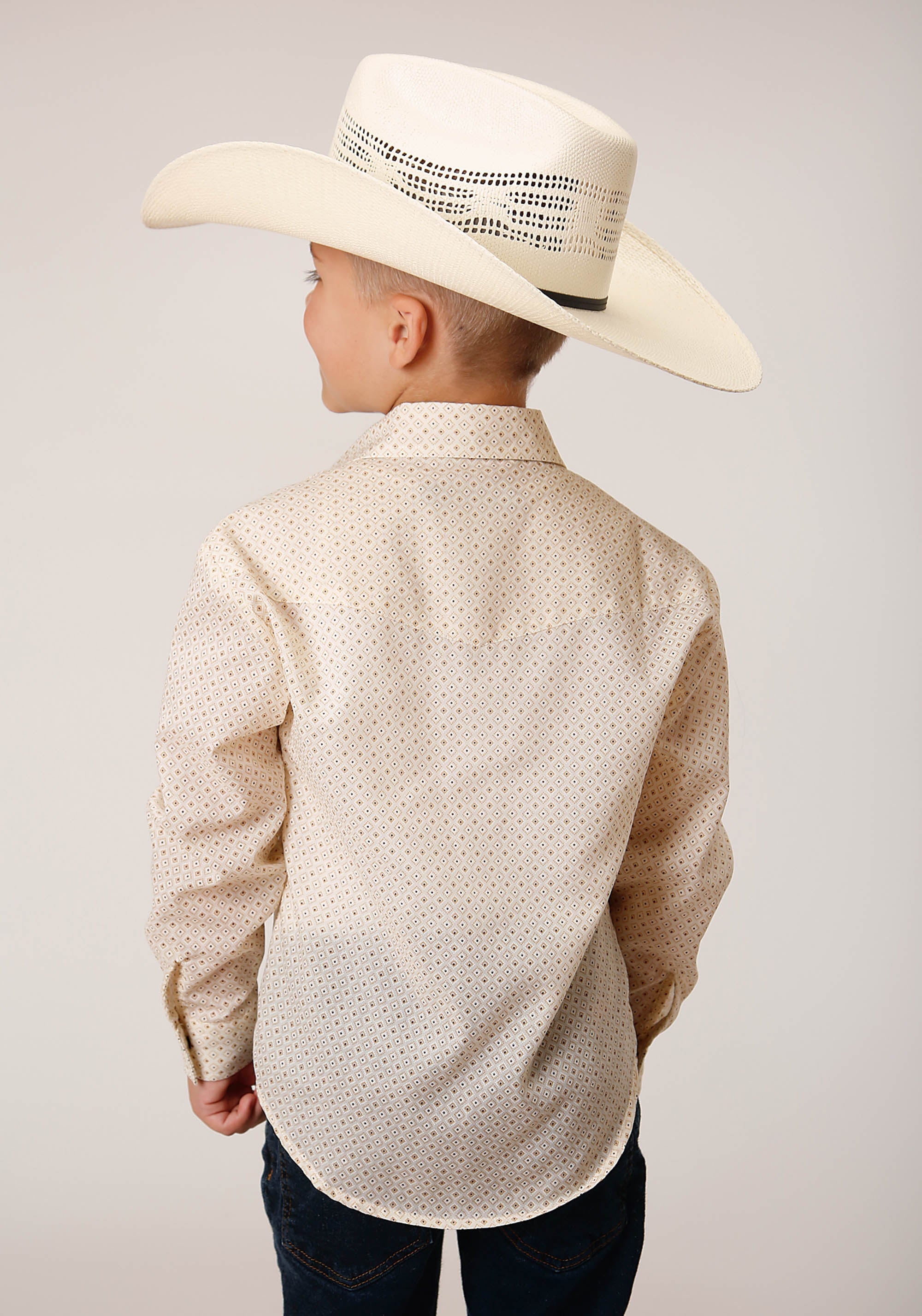 Roper Boys Long Sleeve Snap Cream Diamond Print Western Shirt - Flyclothing LLC