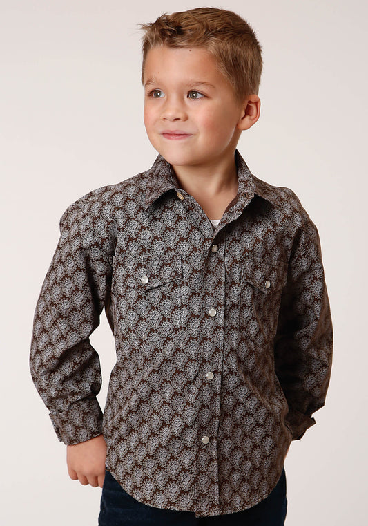 Roper Boys Long Sleeve Snap Chocolate And Cream Tear Drop Print Western Shirt