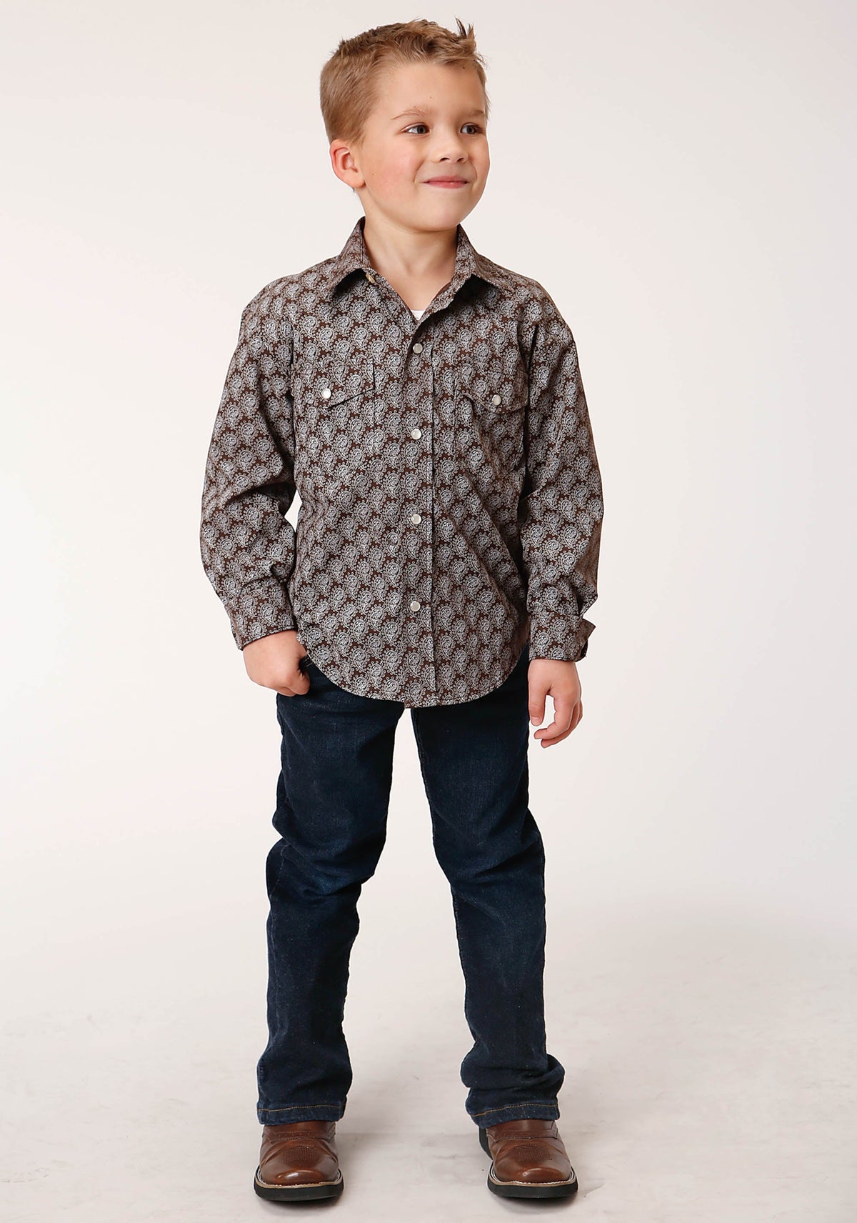 Roper Boys Long Sleeve Snap Chocolate And Cream Tear Drop Print Western Shirt - Flyclothing LLC