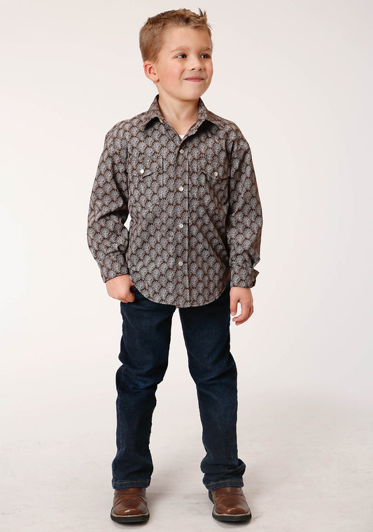 Roper Boys Long Sleeve Snap Chocolate And Cream Tear Drop Print Western Shirt - Flyclothing LLC