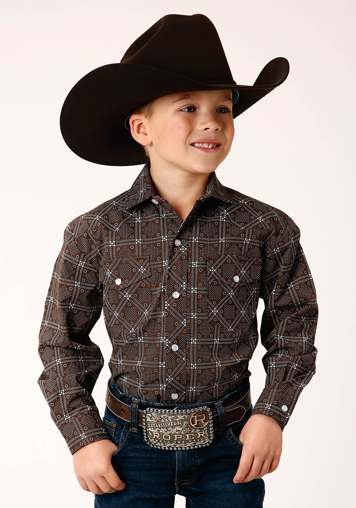 Roper Boys Long Sleeve Snap Brown White Retro Print Western Shirt