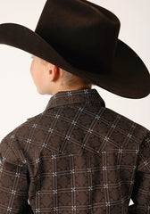 Roper Boys Long Sleeve Snap Brown White Retro Print Western Shirt - Flyclothing LLC