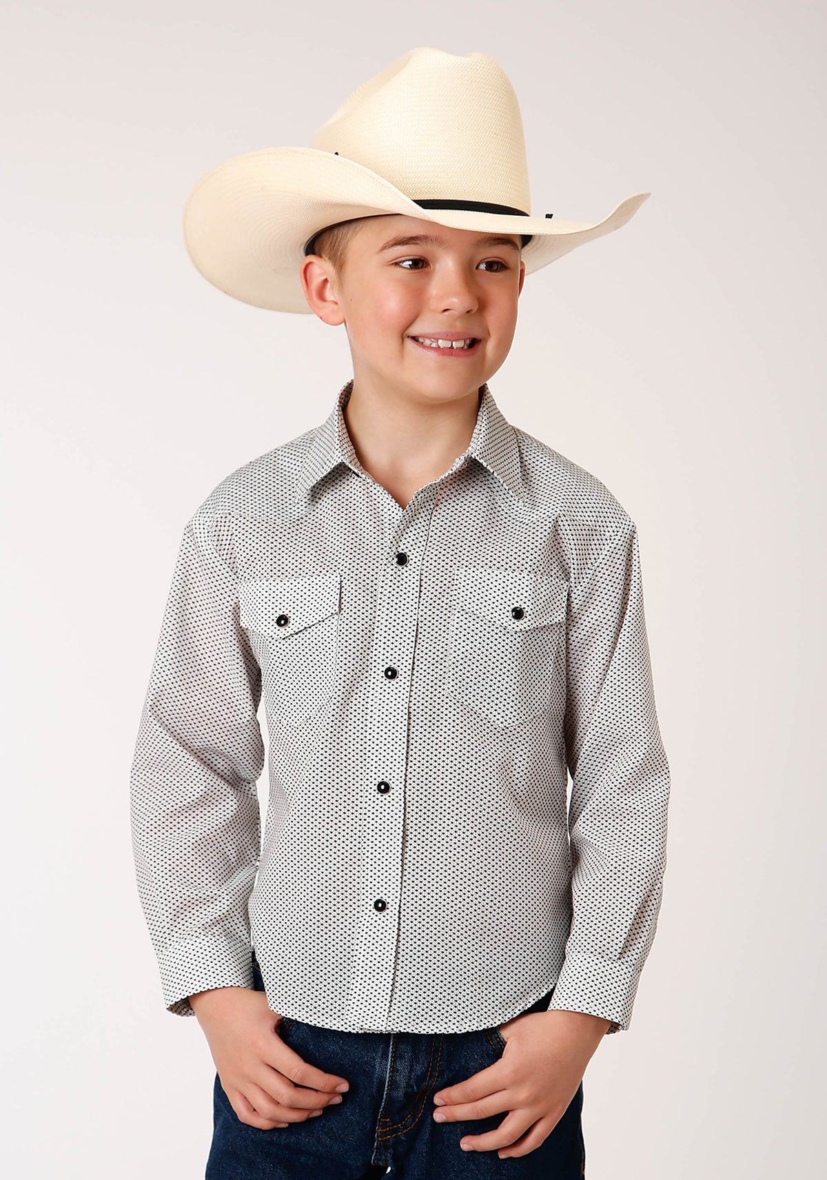 Roper Boys Long Sleeve Snap Tiny Black And White Foulard Western Shirt