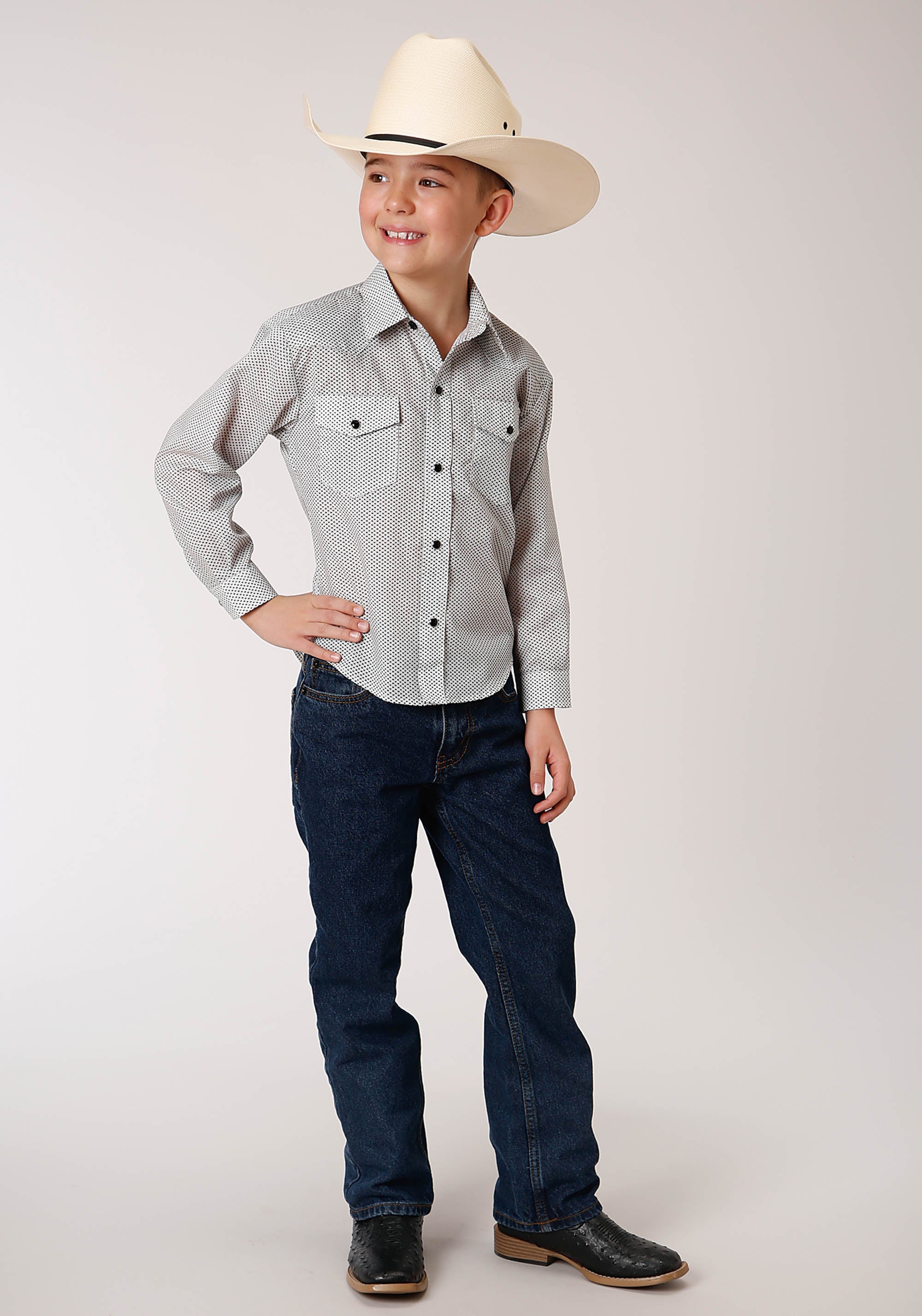 Roper Boys Long Sleeve Snap Tiny Black And White Foulard Western Shirt - Flyclothing LLC