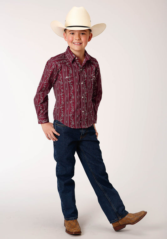 Roper Boys Long Sleeve Snap Brick Red And Cr Wallpaper Stripe Western Shirt - Flyclothing LLC