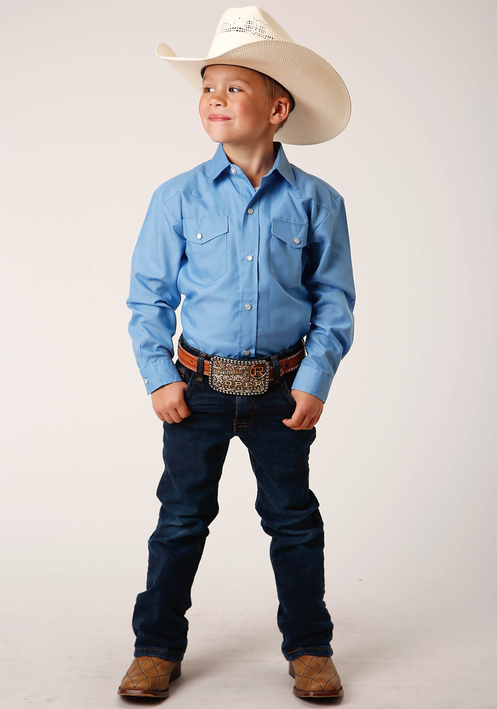 Roper Boys Long Sleeve Snap Solid Broadcloth Heritage Blue Western Shirt - Flyclothing LLC