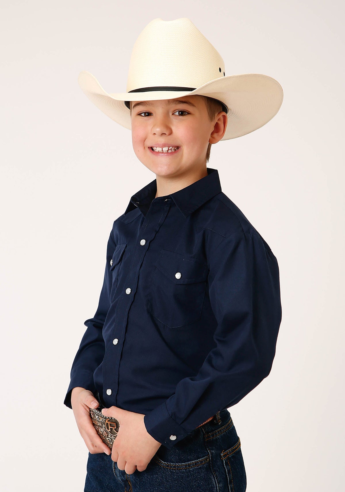 Roper Boys Long Sleeve Snap Solid Broadcloth Navy Blue Western Shirt