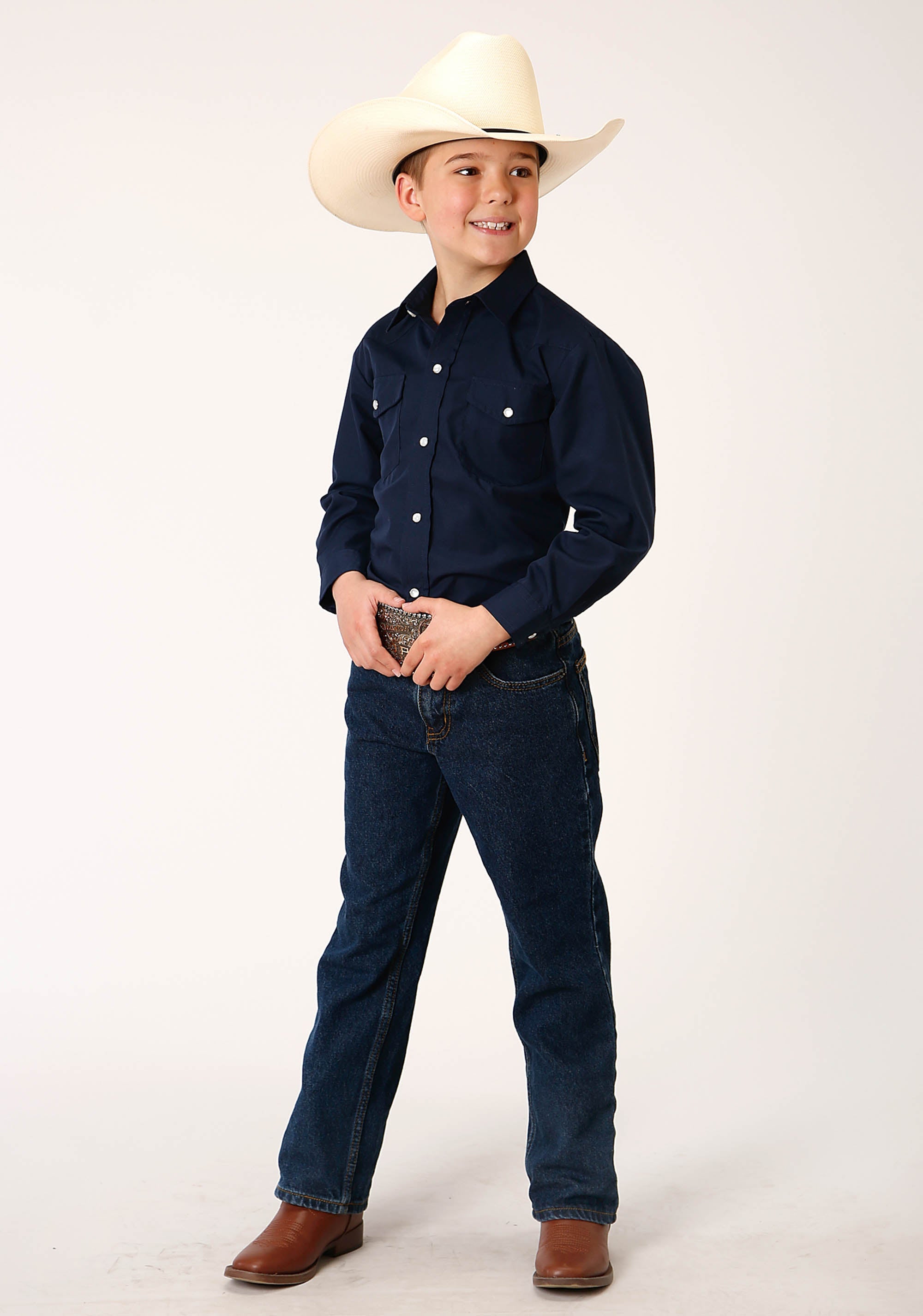 Roper Boys Long Sleeve Snap Solid Broadcloth Navy Blue Western Shirt - Flyclothing LLC