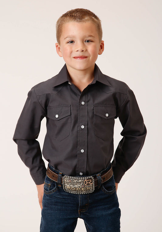 Roper Boys Long Sleeve Snap Solid Broadcloth Charcoal Western Shirt