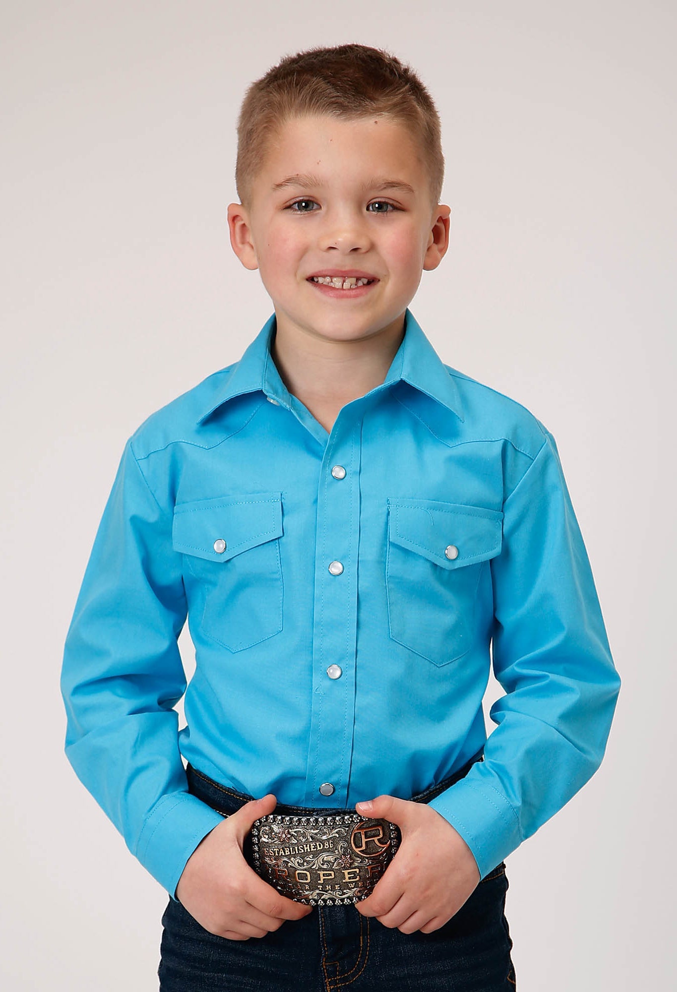 Roper Boys Long Sleeve Snap Solid Broadcloth Turquoise Western Shirt