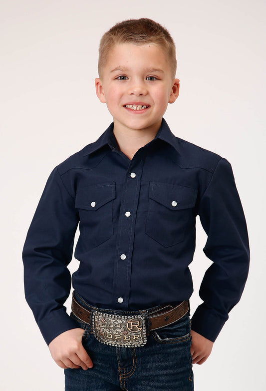 Roper Boys Long Sleeve Snap Solid Broadcloth Navy Western Shirt