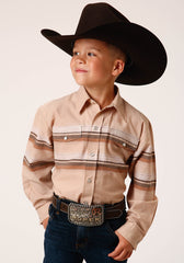 Roper Boys Long Sleeve Snap Tan And Brown Border Stripe Western Shirt