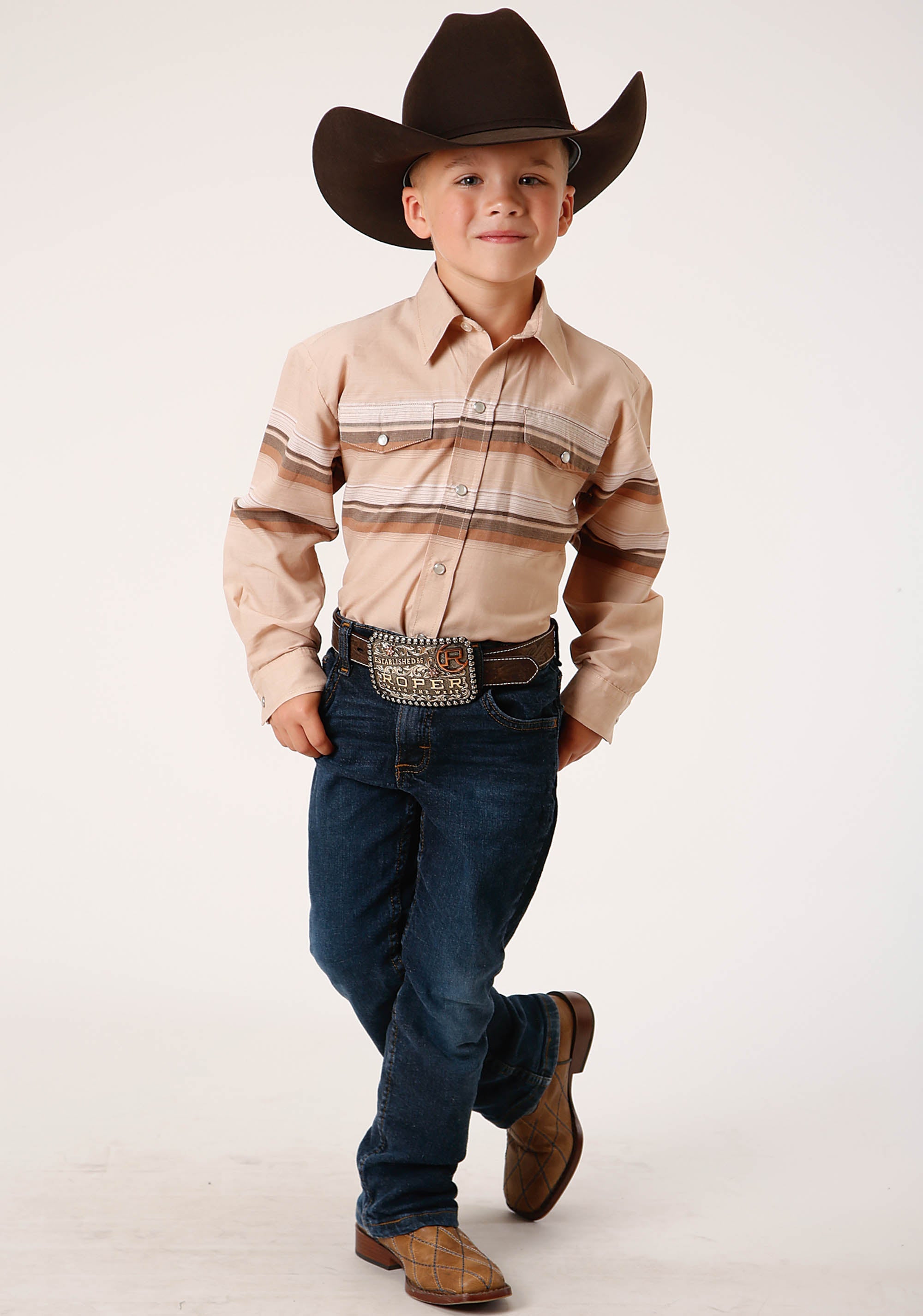 Roper Boys Long Sleeve Snap Tan And Brown Border Stripe Western Shirt - Flyclothing LLC