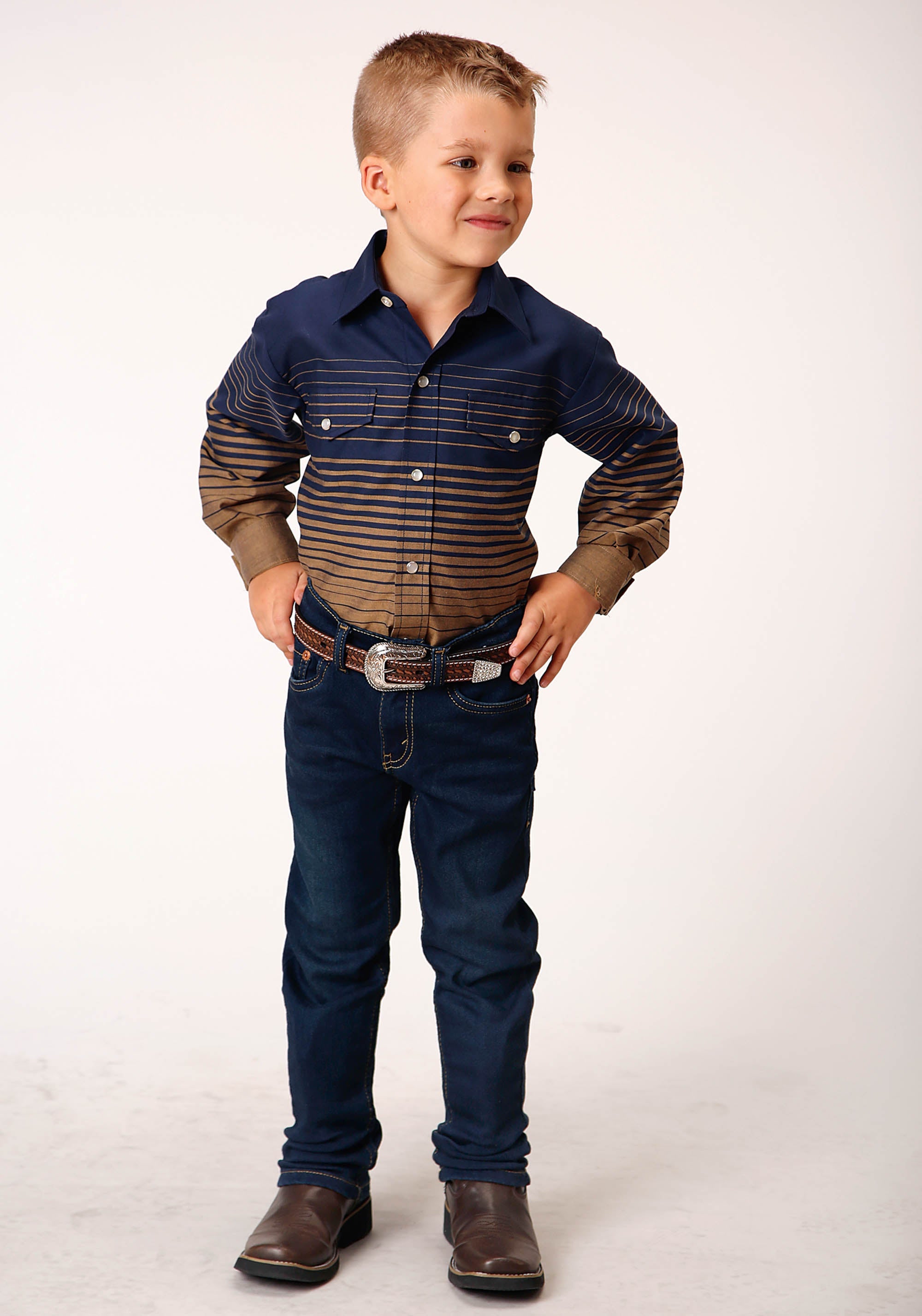 Roper Boys Long Sleeve Snap Navy And Khaki Border Stripe Western Shirt - Flyclothing LLC