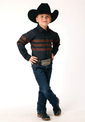 Roper Boys Long Sleeve Snap Black W Saddle Brown Border Stripe Western Shirt - Flyclothing LLC