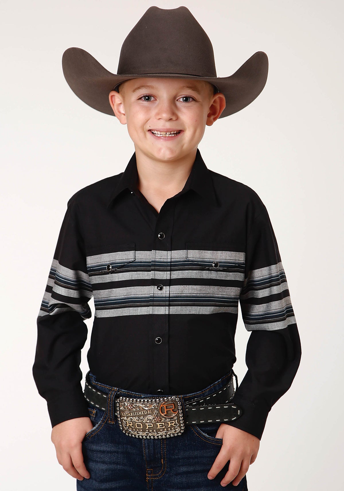 Roper Boys Long Sleeve Snap Black And Grey Border Stripe Western Shirt