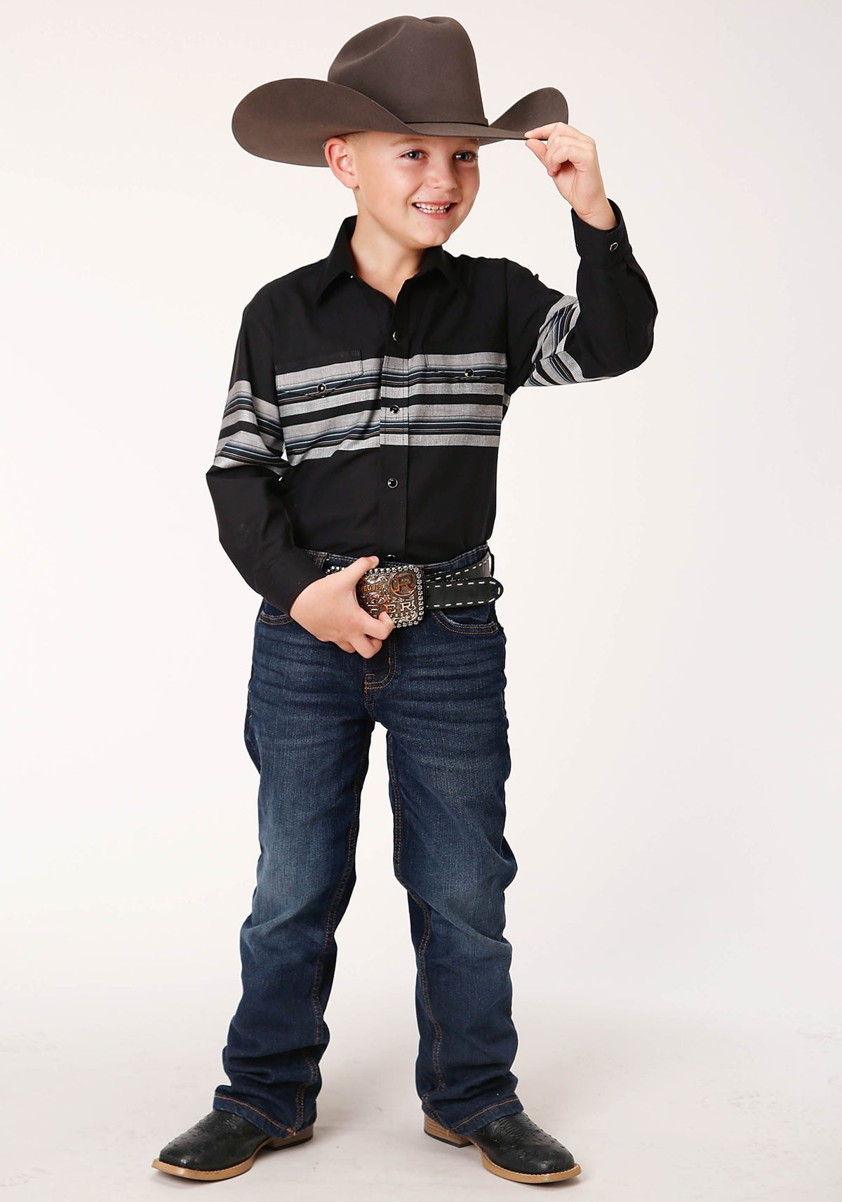 Roper Boys Long Sleeve Snap Black And Grey Border Stripe Western Shirt - Flyclothing LLC