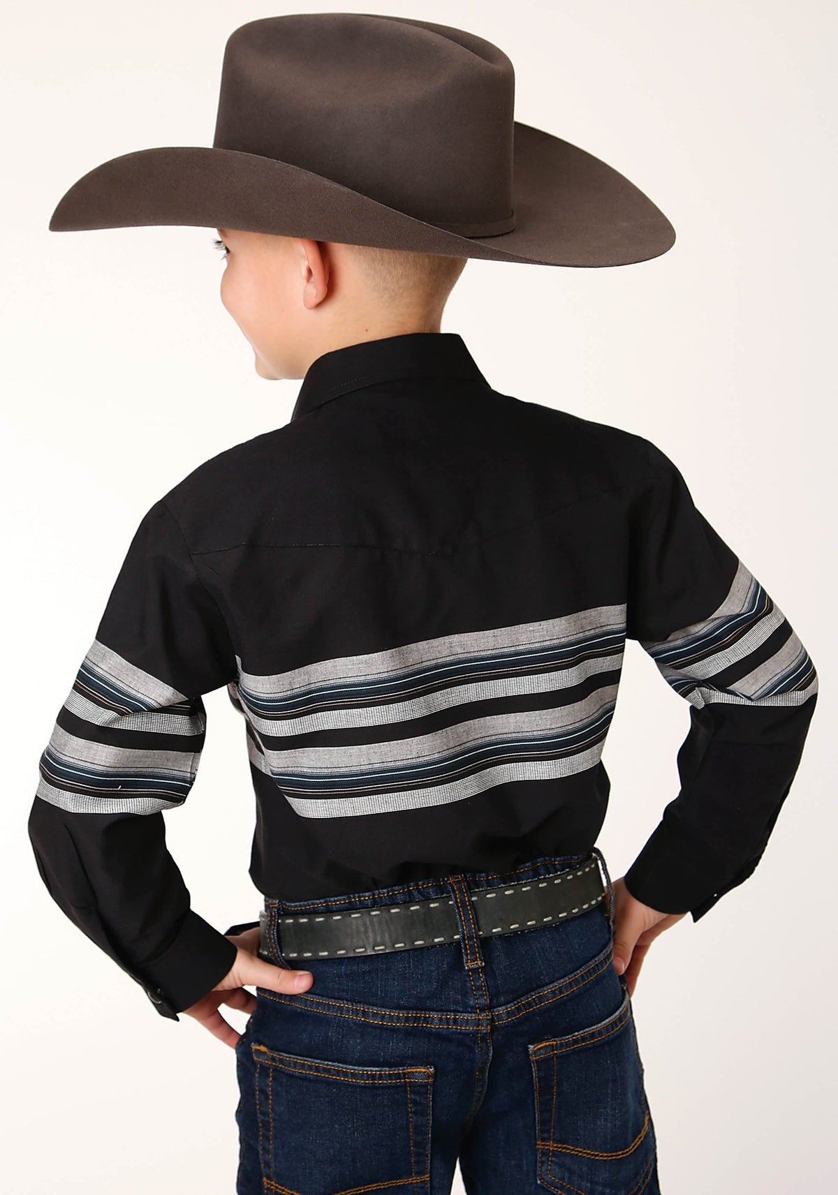 Roper Boys Long Sleeve Snap Black And Grey Border Stripe Western Shirt - Flyclothing LLC