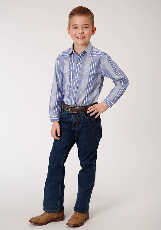 Roper Boys Long Sleeve Snap Blue And White Wide Stripe Western Shirt - Flyclothing LLC