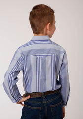 Roper Boys Long Sleeve Snap Blue And White Wide Stripe Western Shirt - Flyclothing LLC