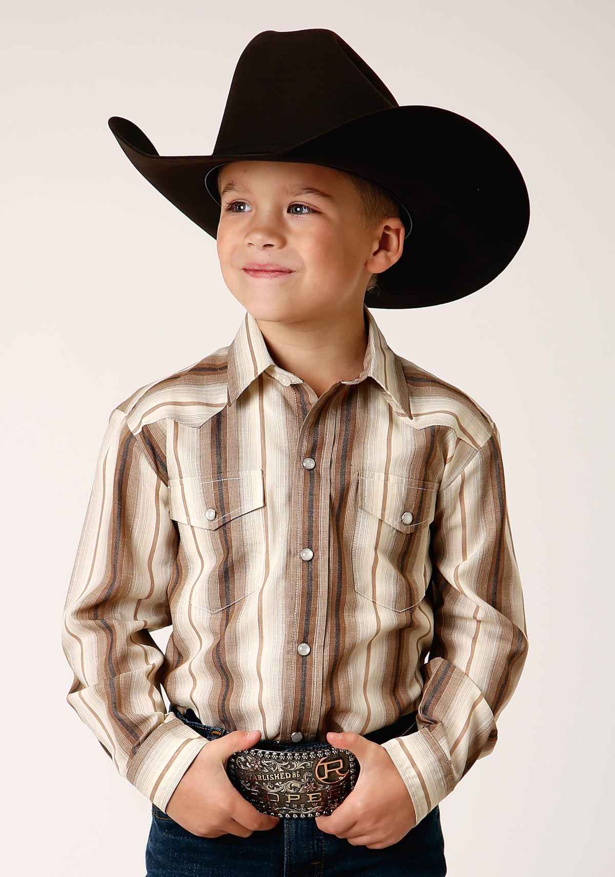 Roper Boys Long Sleeve Snap Brown And Cream Ombre Stripe Western Shirt