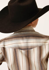 Roper Boys Long Sleeve Snap Brown And Cream Ombre Stripe Western Shirt - Flyclothing LLC