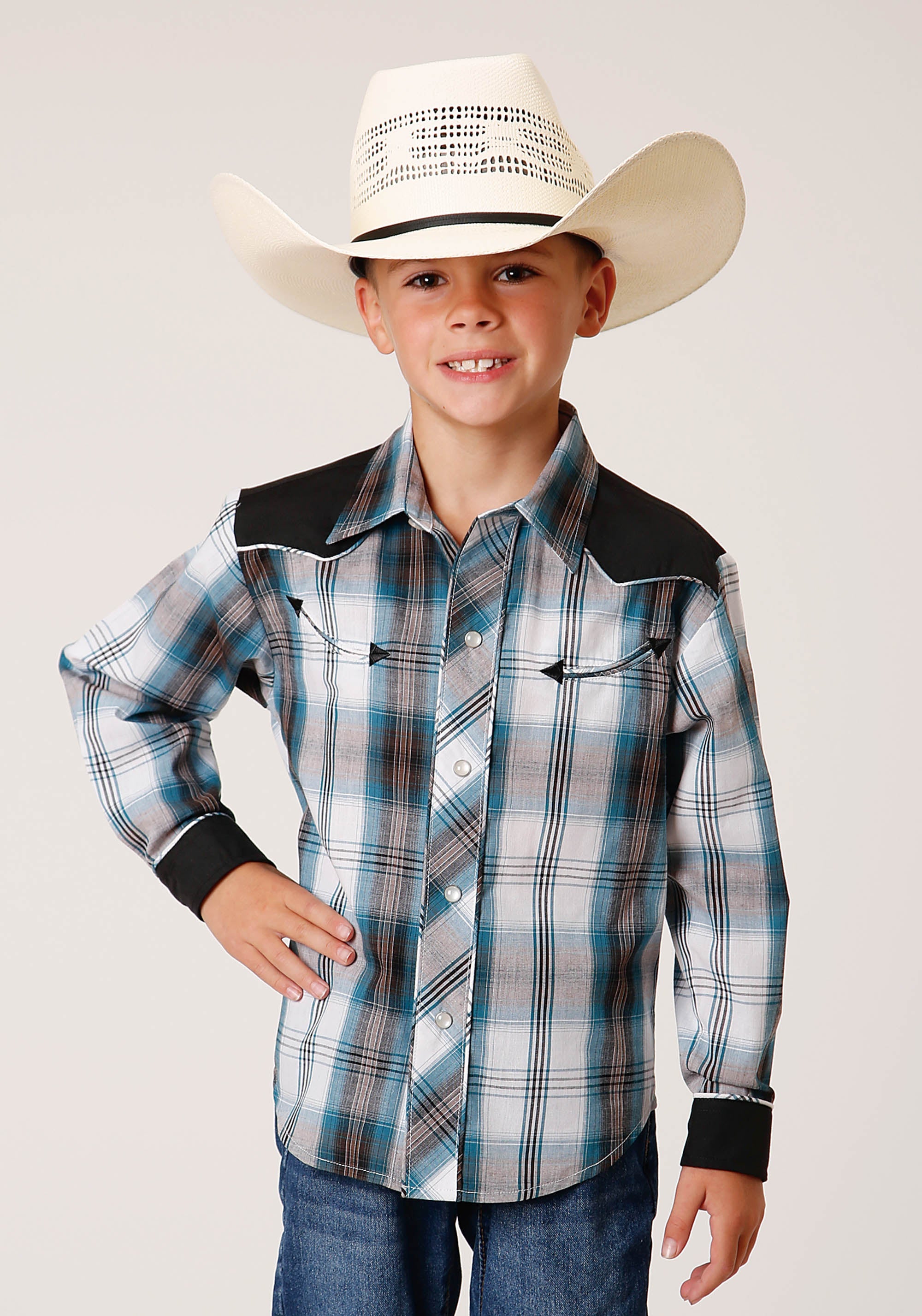 Roper Boys Long Sleeve Snap Peacock Blue Brown Black White Plaid Western Shirt