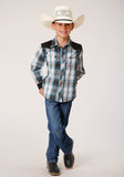 Roper Boys Long Sleeve Snap Peacock Blue Brown Black White Plaid Western Shirt - Flyclothing LLC