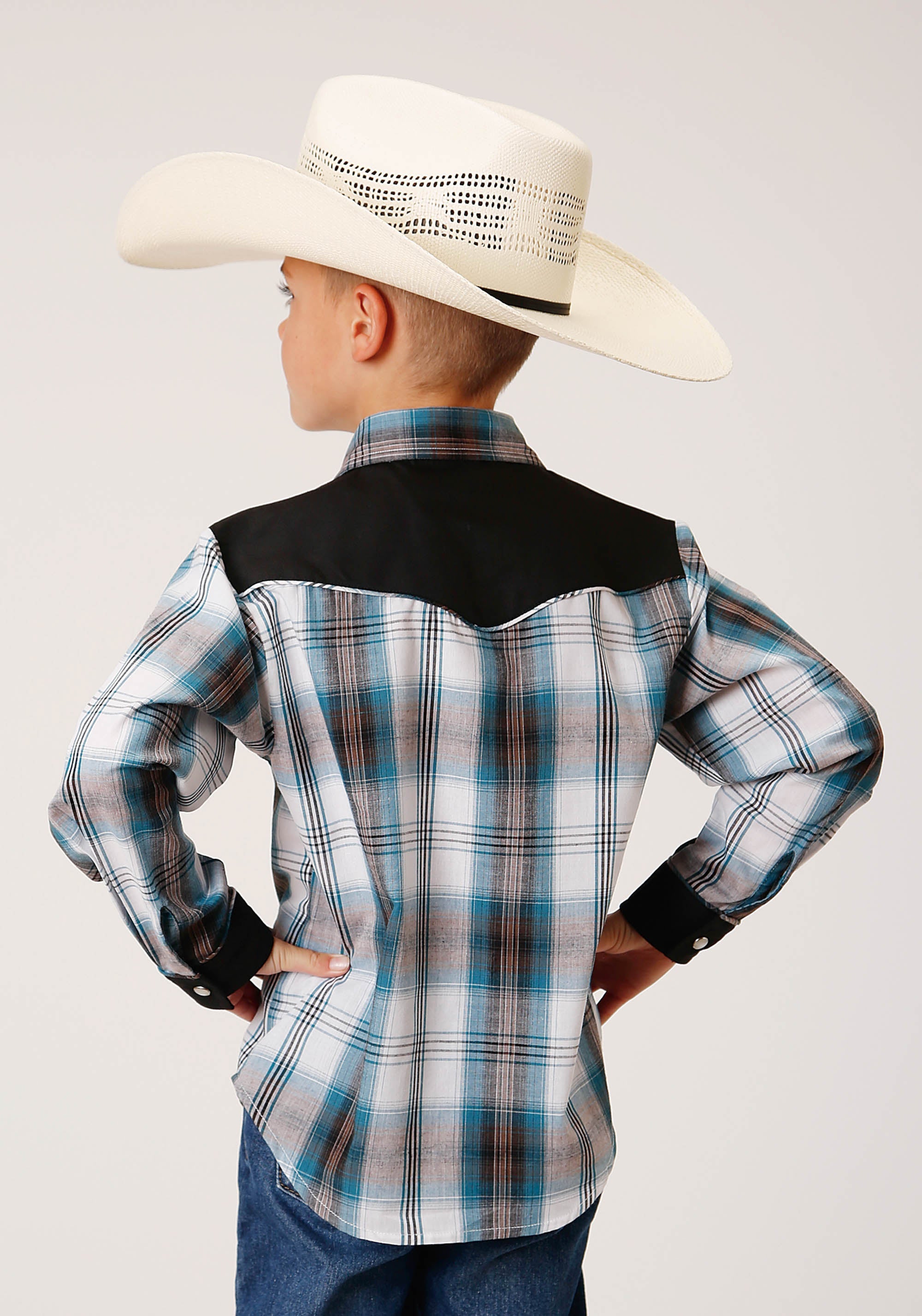 Roper Boys Long Sleeve Snap Peacock Blue Brown Black White Plaid Western Shirt - Flyclothing LLC