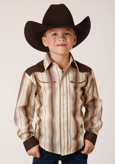 Roper Boys Long Sleeve Snap Brown And Cream Ombre Stripe Western Shirt