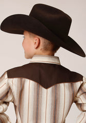 Roper Boys Long Sleeve Snap Brown And Cream Ombre Stripe Western Shirt - Flyclothing LLC