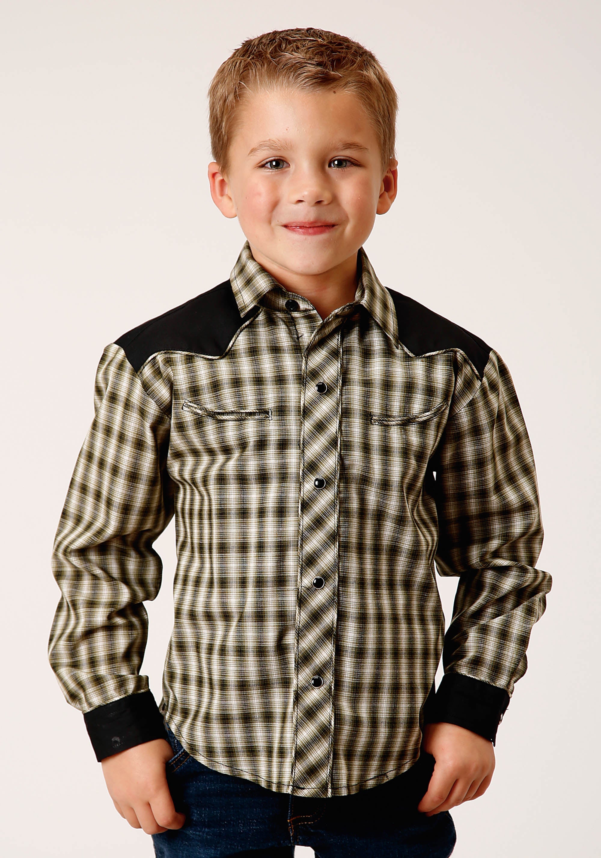 Roper Boys Long Sleeve Snap Olive Black Cream Windowpane Plaid Western Shirt