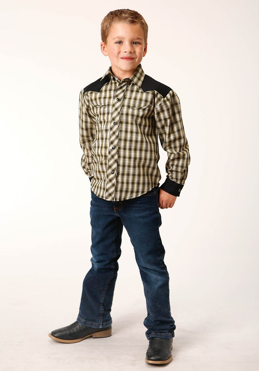 Roper Boys Long Sleeve Snap Olive Black Cream Windowpane Plaid Western Shirt - Flyclothing LLC