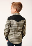 Roper Boys Long Sleeve Snap Olive Black Cream Windowpane Plaid Western Shirt - Flyclothing LLC